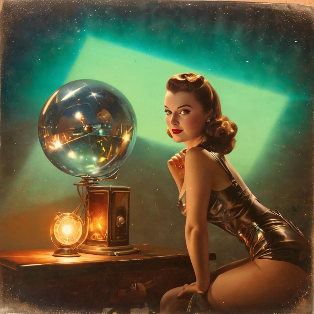 Radiant 1940s Pin Up Girl in Shifting Probability Hologram