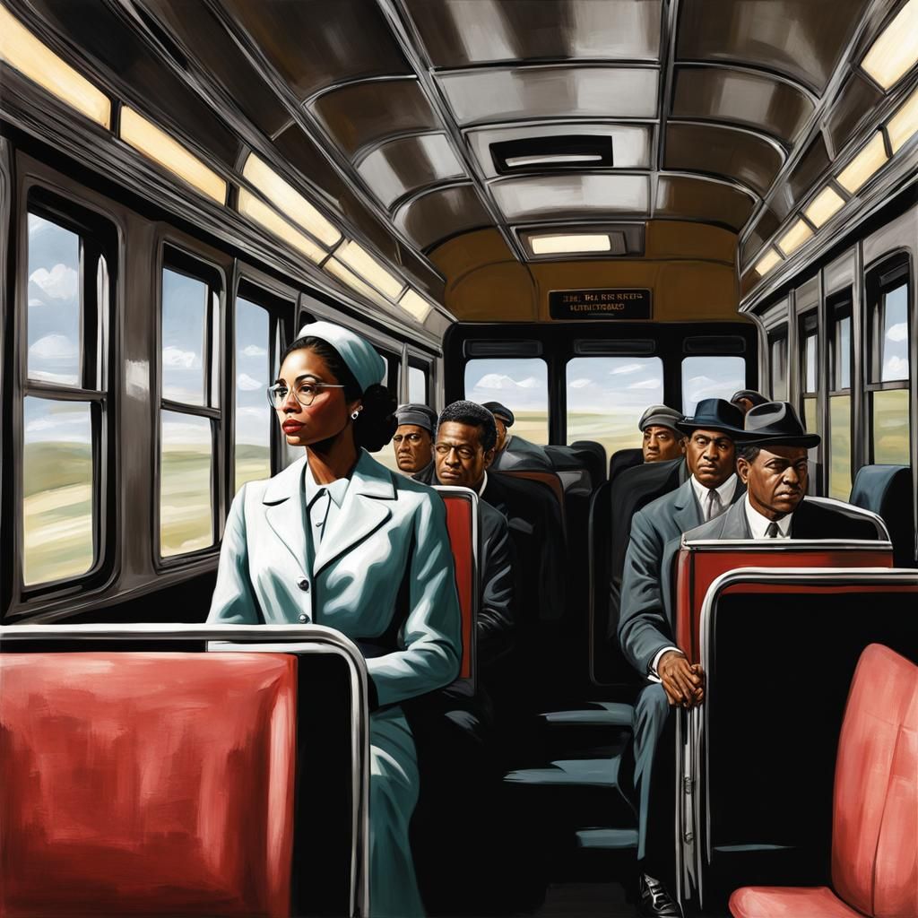 Young Rosa Parks on the bus as a black woman, she refused to give up her seat on the bus for a white passenger