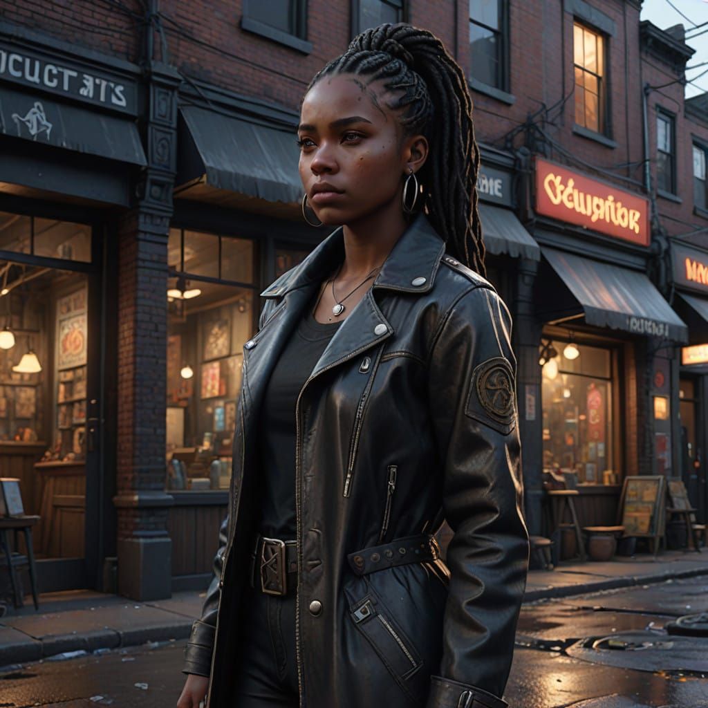 Confident Woman Stands Outside Mysterious Occult Shop in Gri...