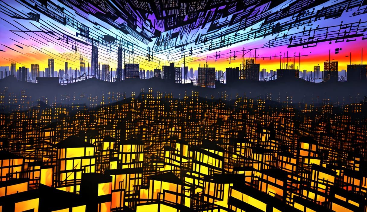 Kaleidoscopic Cityscape of Musical Notation