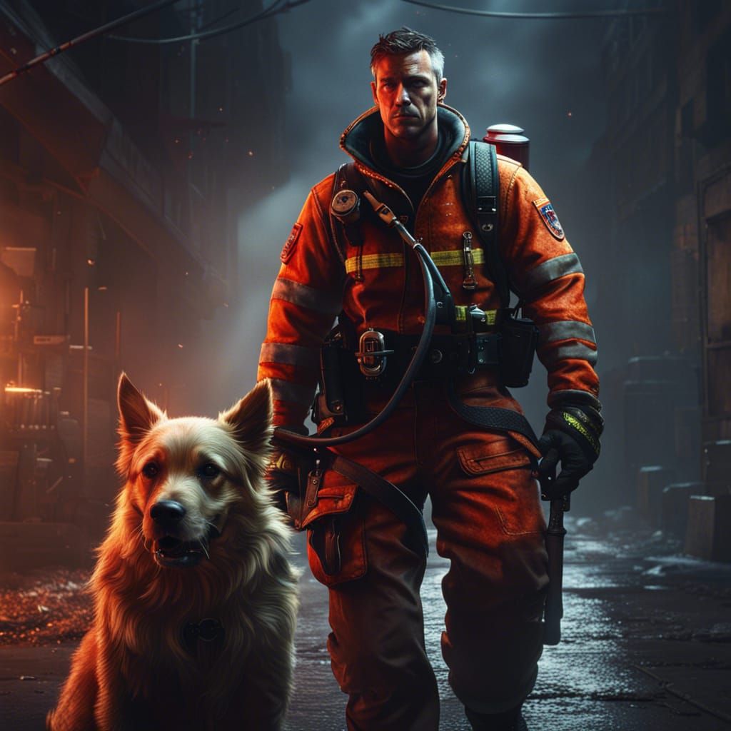 Shirtless Firefighter and Dog in Dark Fantasy Style