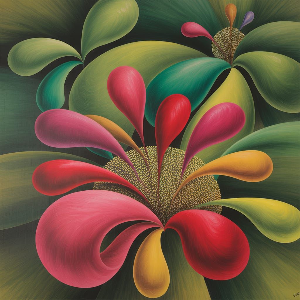 The artwork presents a complex interplay of organic forms an...