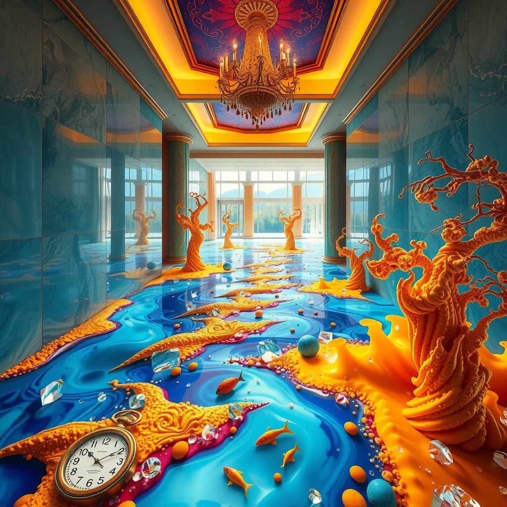 Surreal Apartment Dissolving into a Colorful Sea