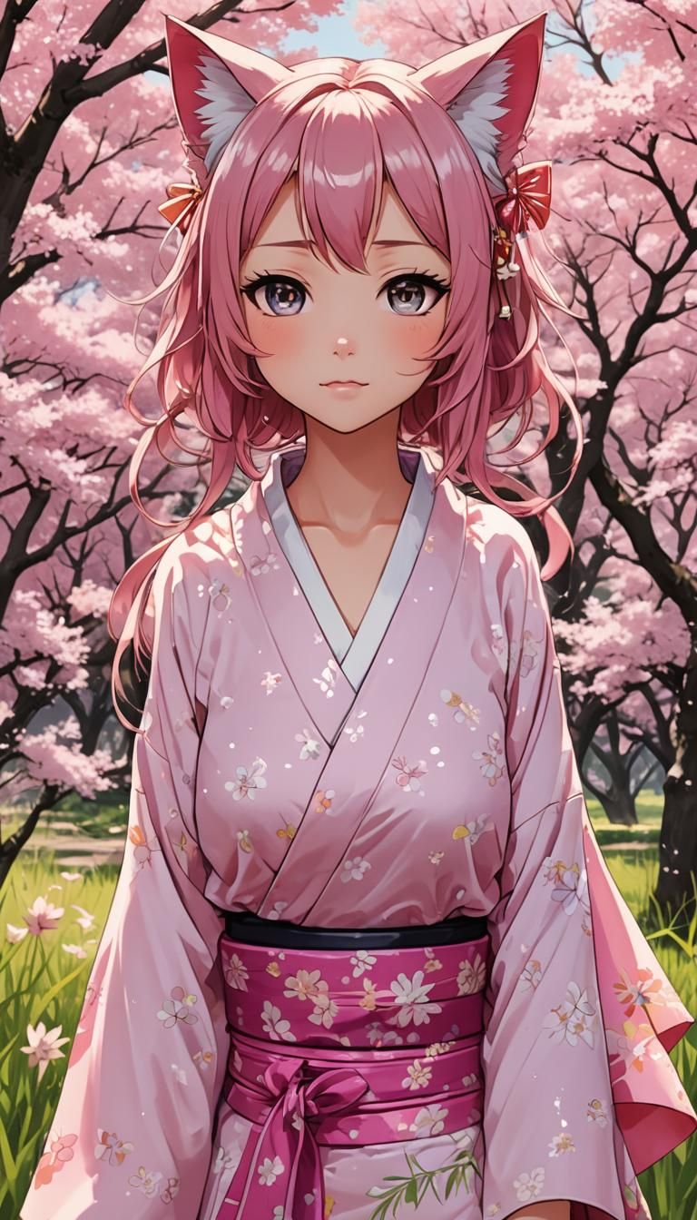 Catgirl in Pink Kimono: Anime-Style Illustration