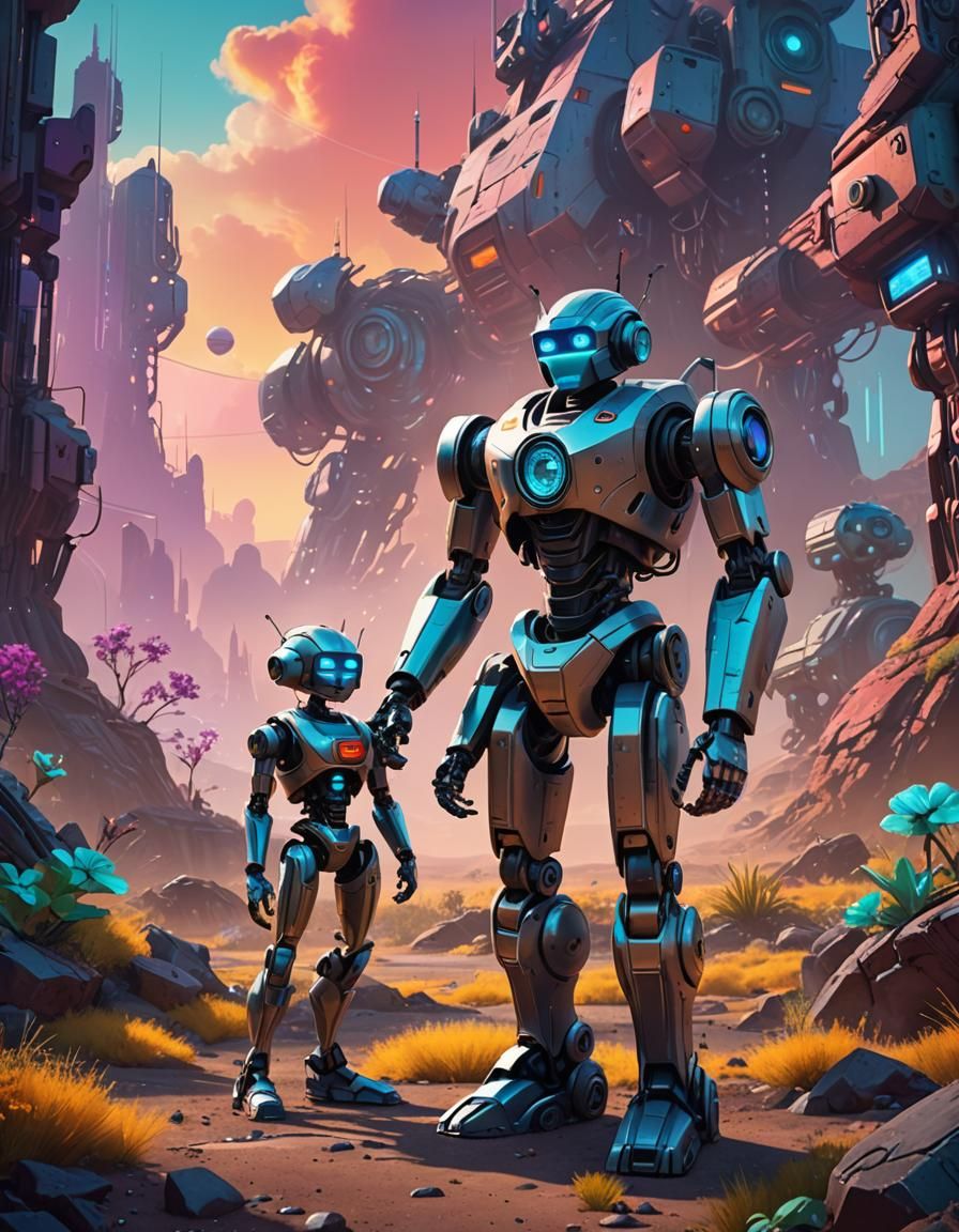 Friendly Robot in Futuristic Landscape, 3D Rendered