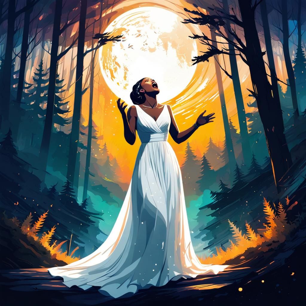 Female Singer in White Dress at Night: Splash Art