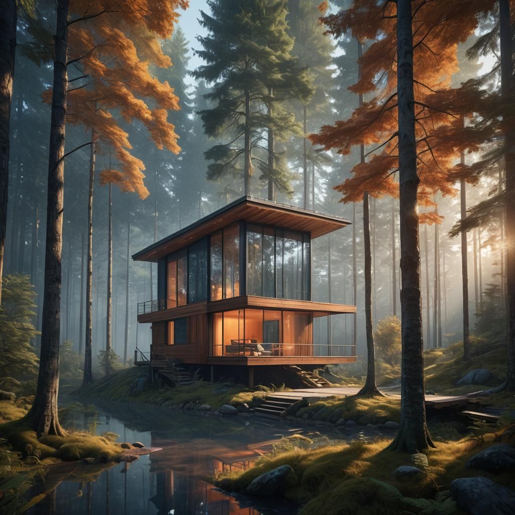 Cabin Retreat in Forest: Hyper-Realistic Digital Matte Paint...