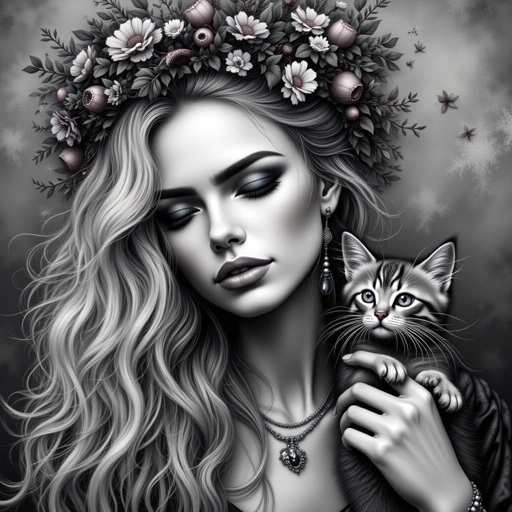 Bohemian Woman with Kitten: Black and White Portrait