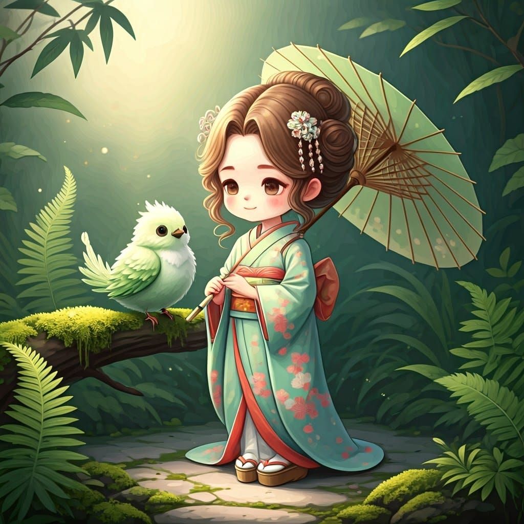 Chibi Geisha in Zen Garden Inspired by Japanese Art