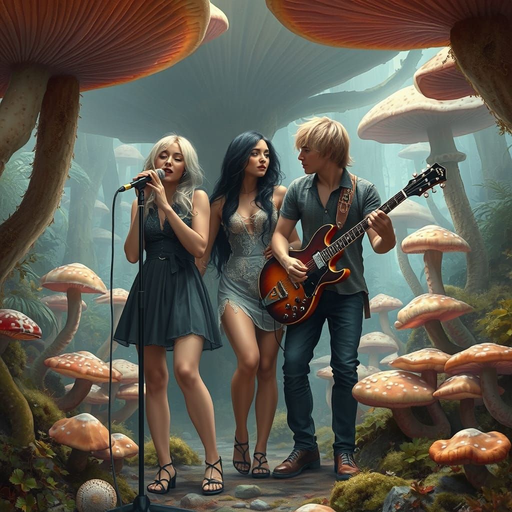 Fungi Rockstars in a Vibrant Mushroom Oasis