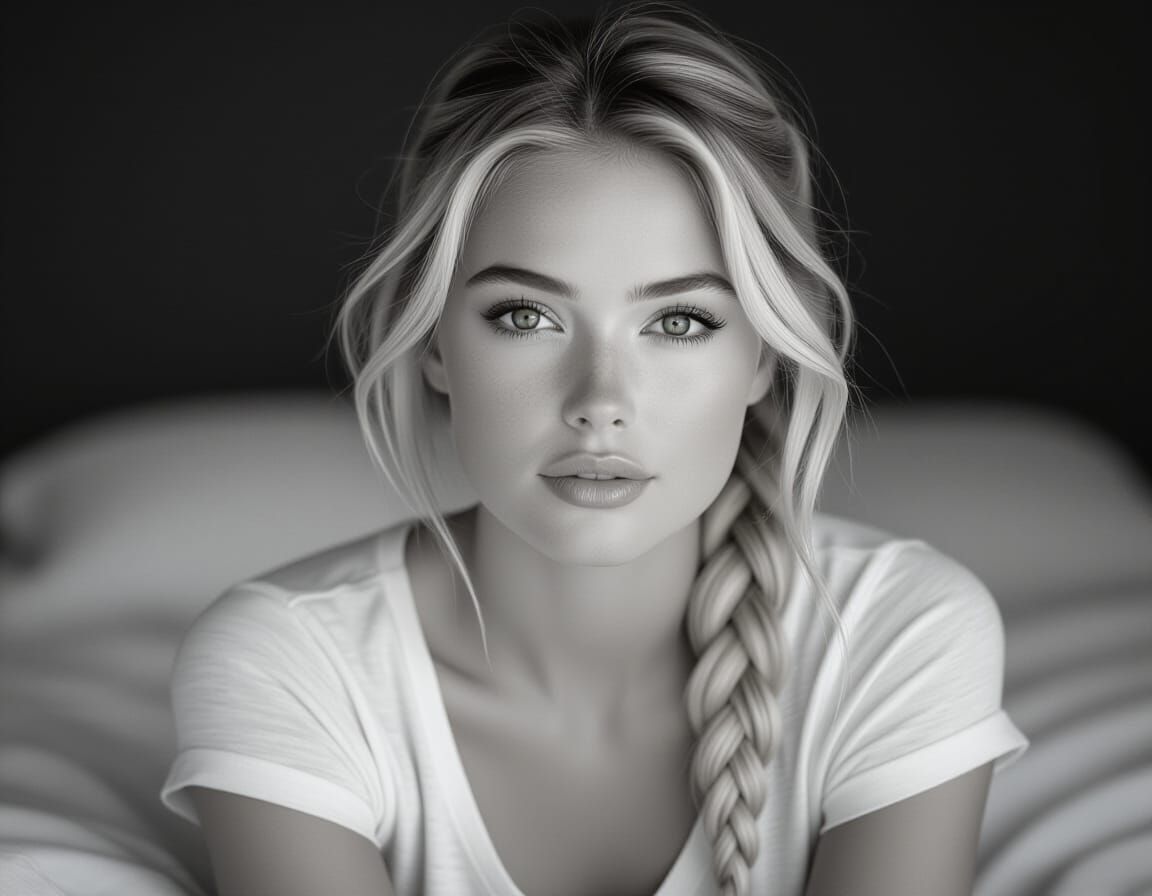 Hyperrealistic Black and White Portrait of a Blonde Actress