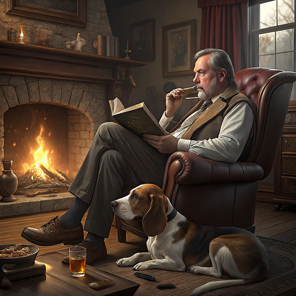 Cozy Den Scene with Reader, Dog, and Fireplace