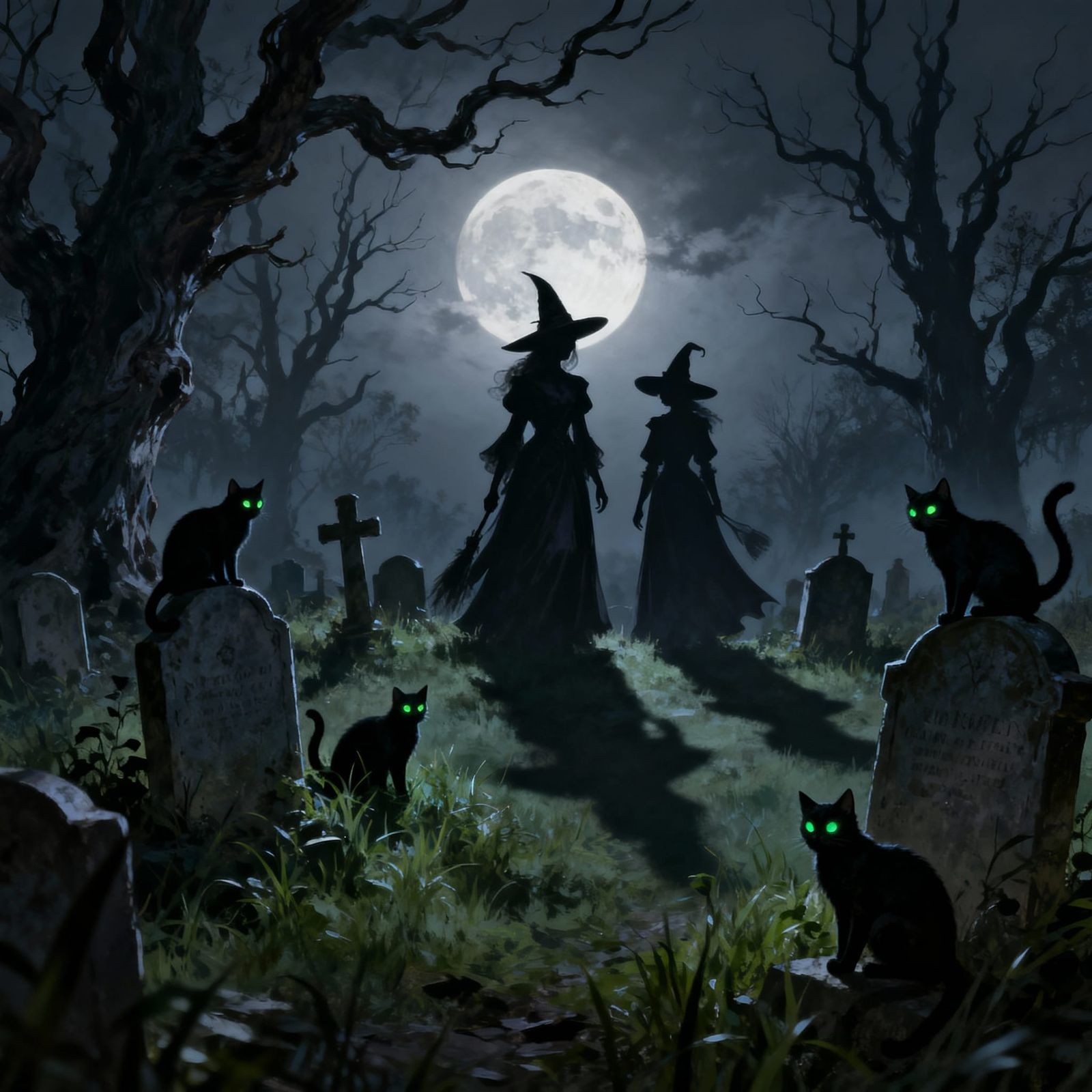 Gothic Halloween Graveyard Scene with Witches and Cats