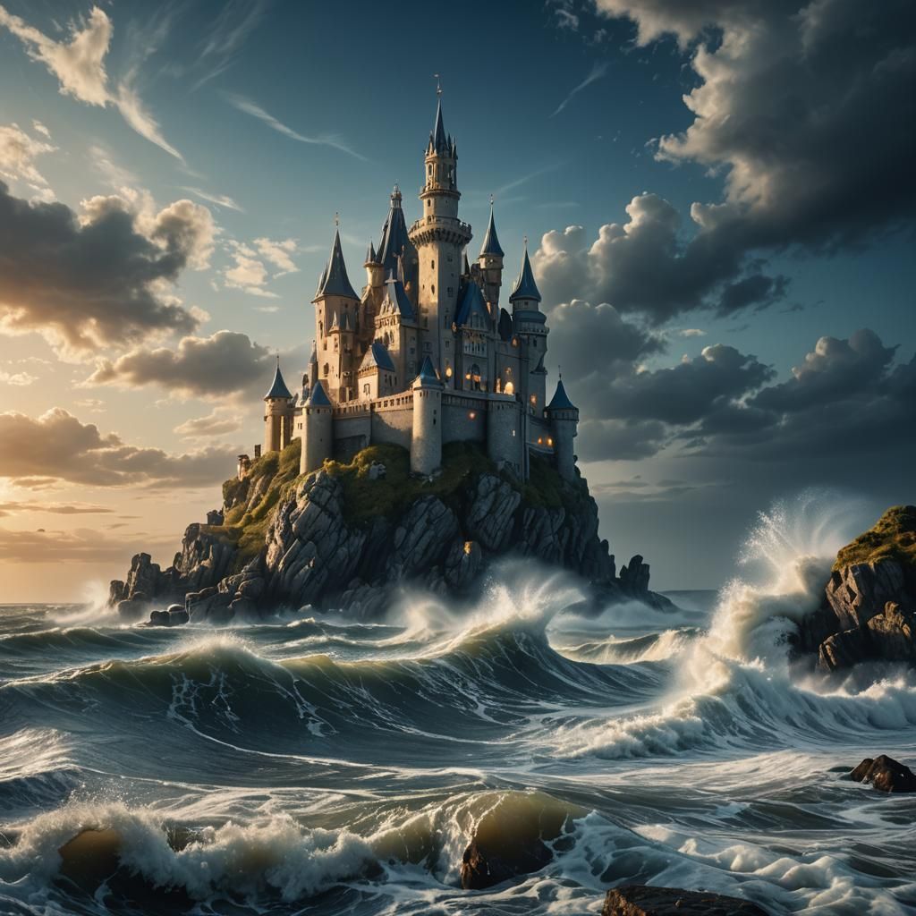 Baroque Castle Seascape with Moonlight and Golden Hues