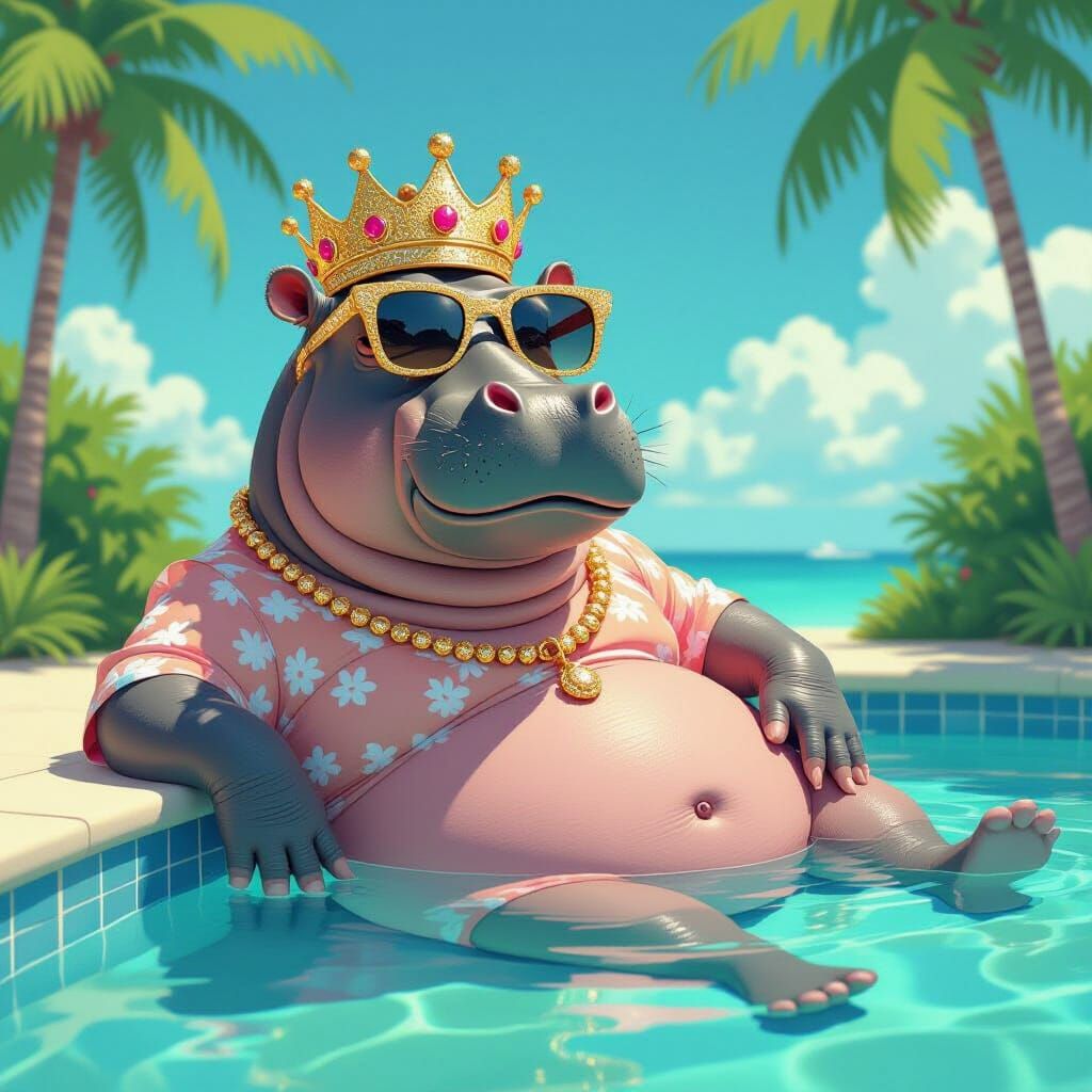 Hippo with Crown and Sunglasses in Pop Surrealist Style