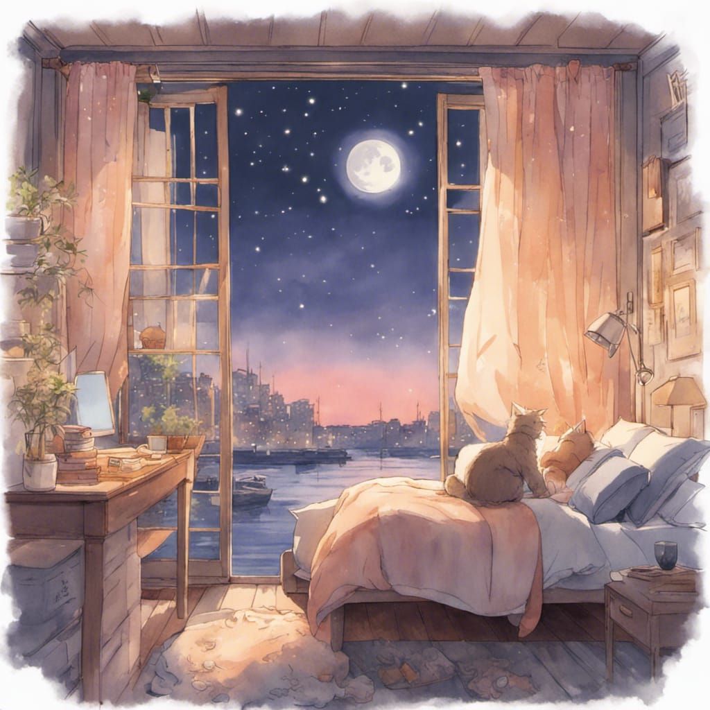 Charming Peach and Lilac Bedroom with Cat, Watercolour Style