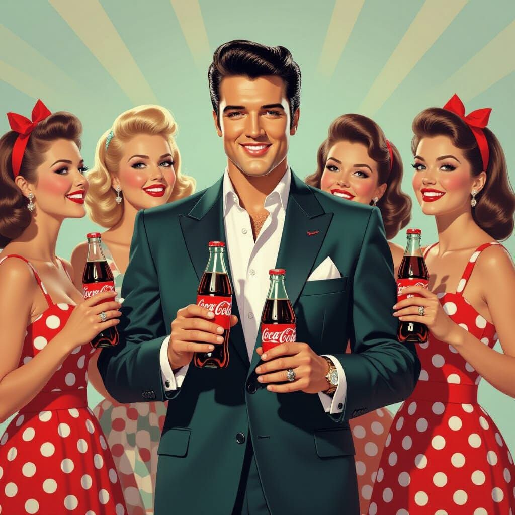 Elvis Presley Surrounded by Fans with Coca-Cola