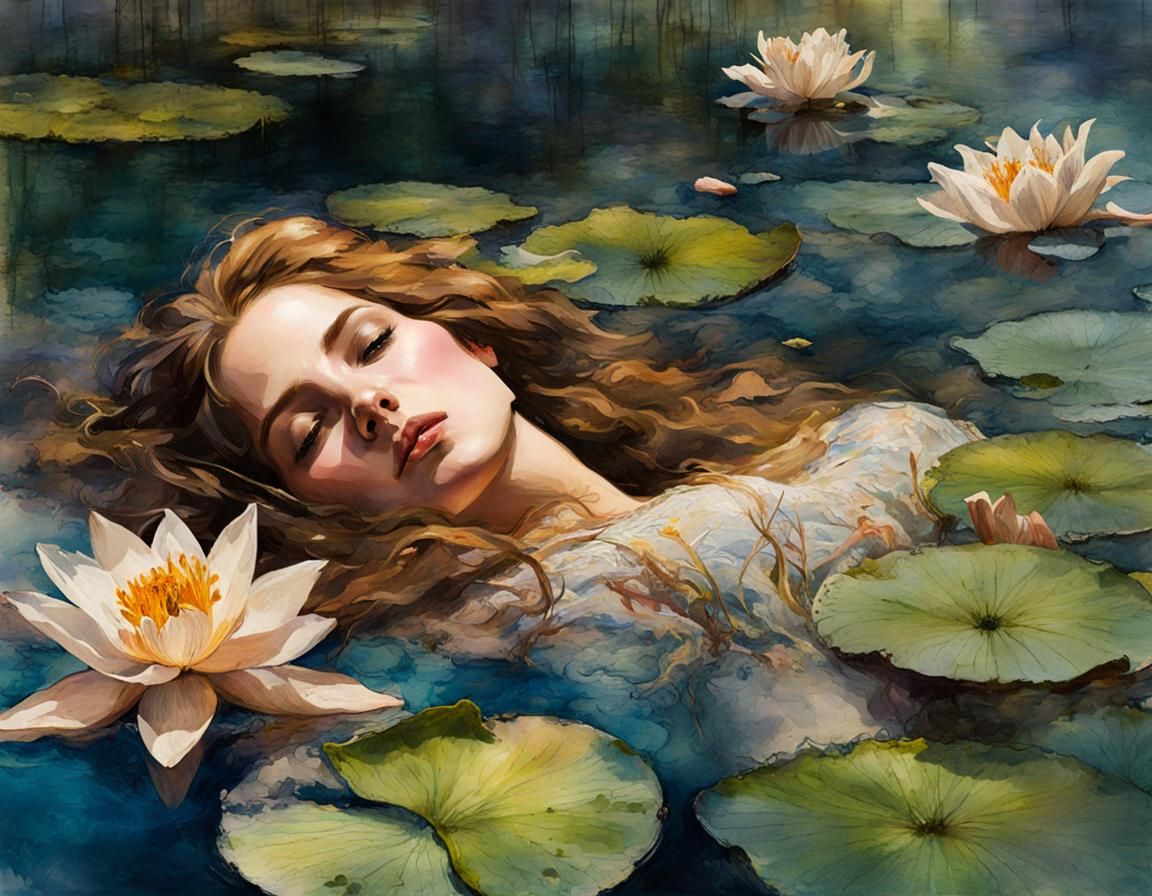 Drowning Ophelia in Digital Watercolor Illustration