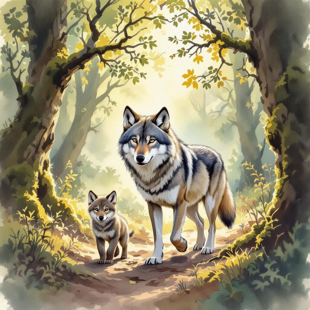 Mother Wolf and Cub in Enchanted Woodland