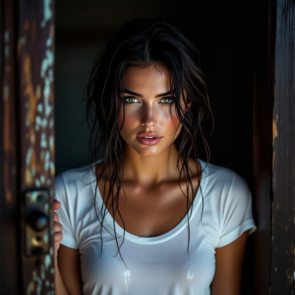 Mysterious Woman in Wet T-Shirt Under Rembrandt Lighting
