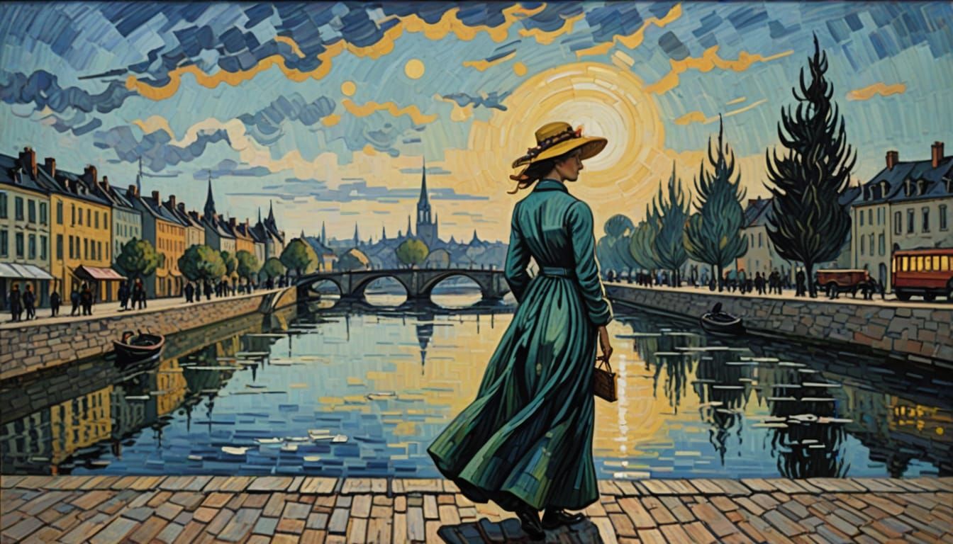 Young Woman on Train Platform: Van Gogh Impressionism