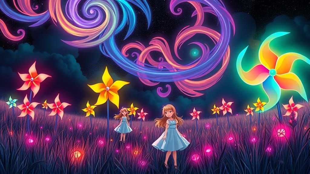 Neon Bioluminescent Dreamscape in Anime Style