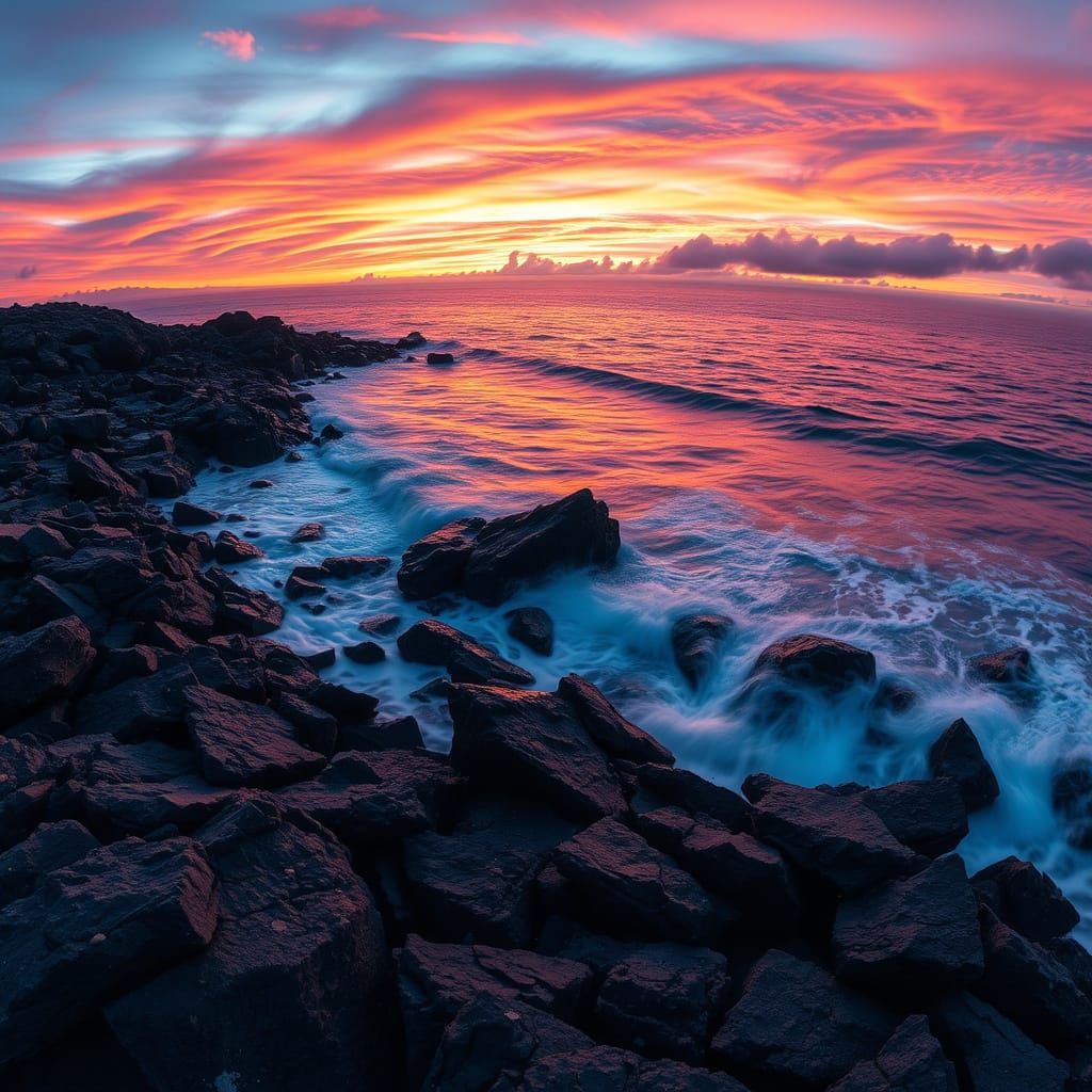 Hyperrealistic Panoramic Rocky Beach at Sunset