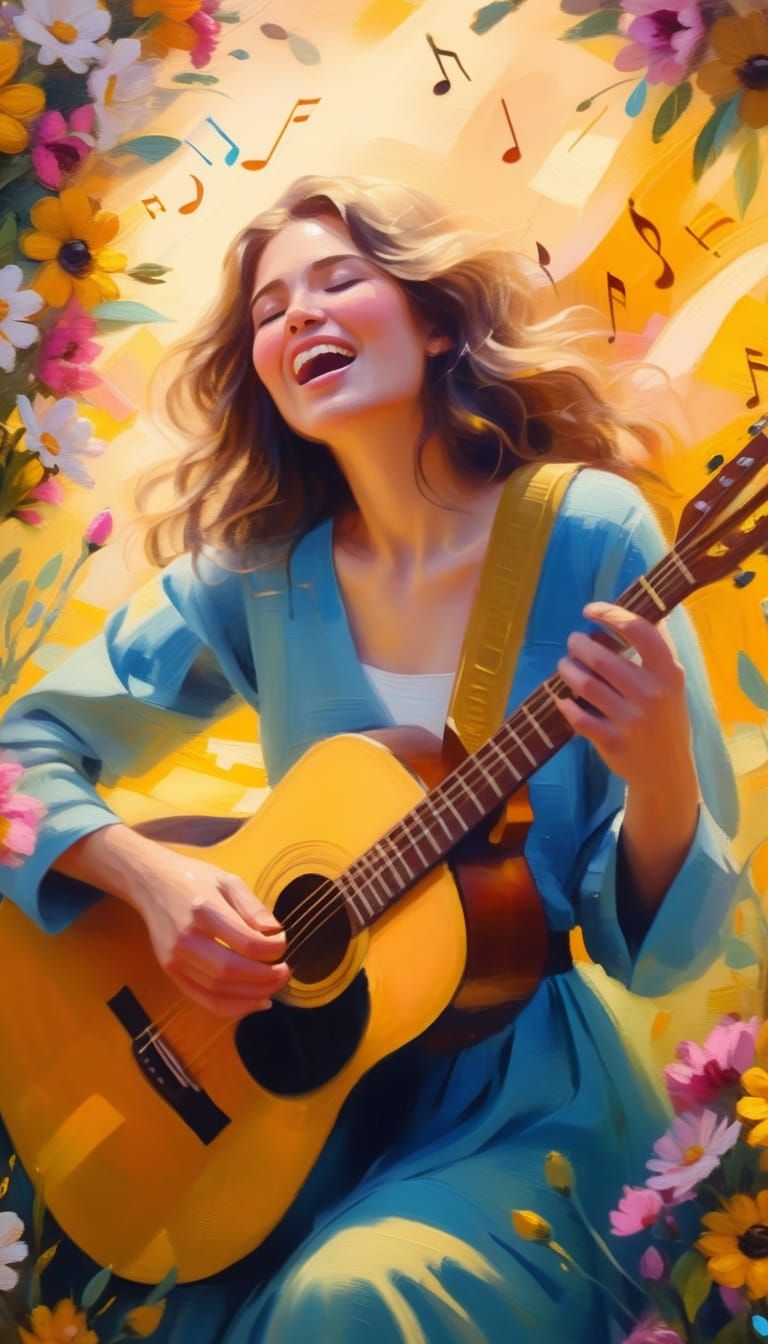 Harmonious Oil Painting of Musician Surrounded by Music