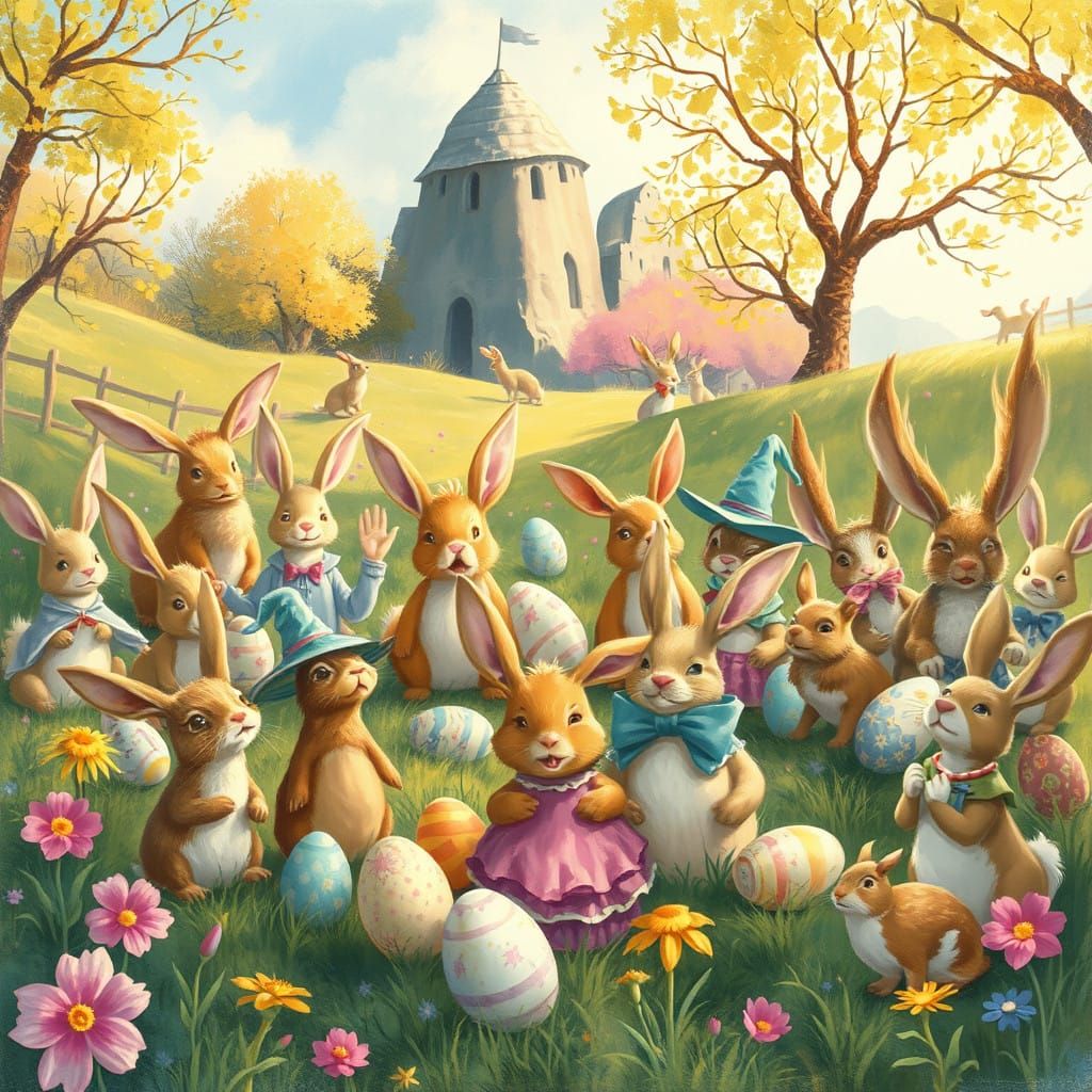 Whimsical Easter Animals in Vibrant Springtime Scene