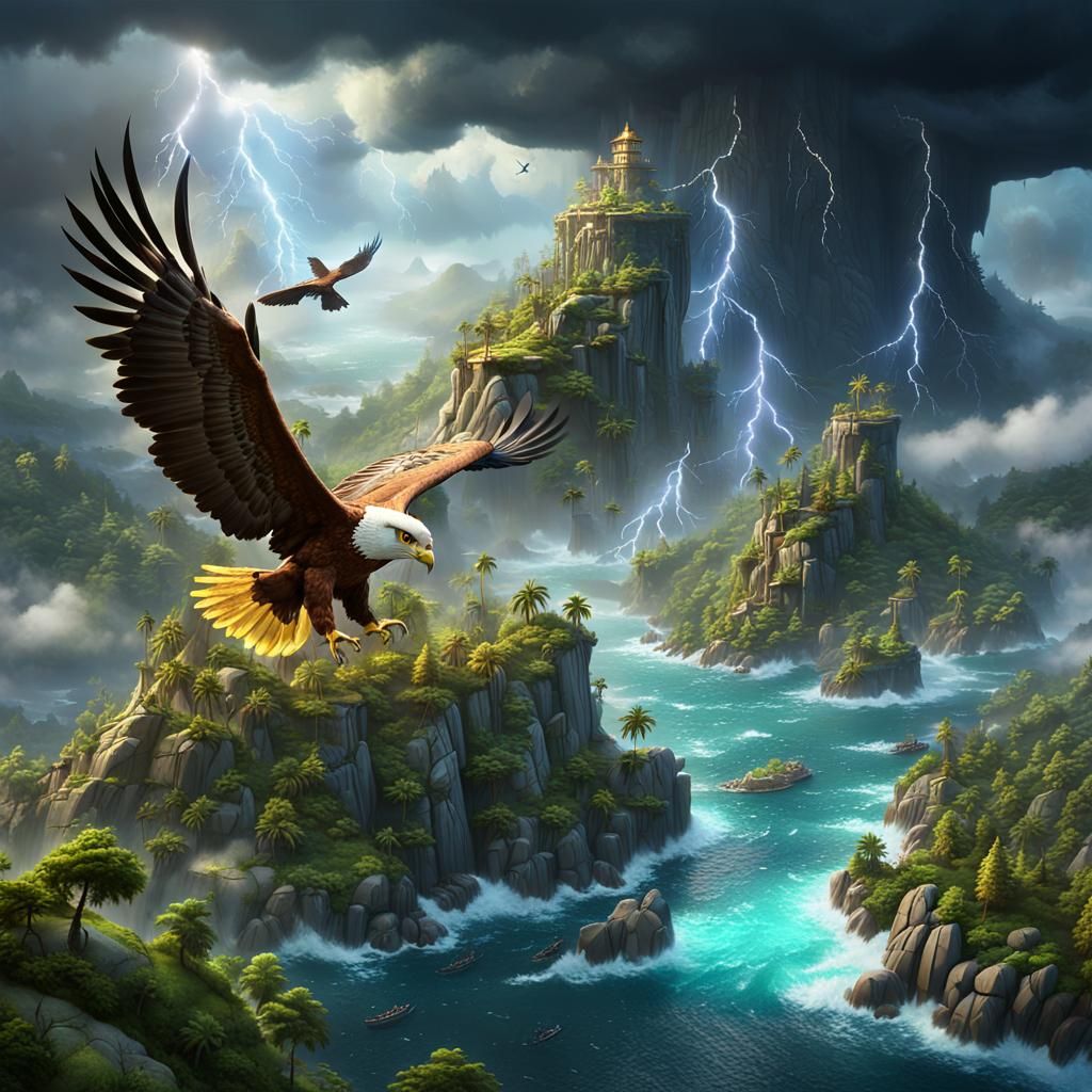 Golden Hawks Soaring Over Mysterious Island: 3D Digital Art