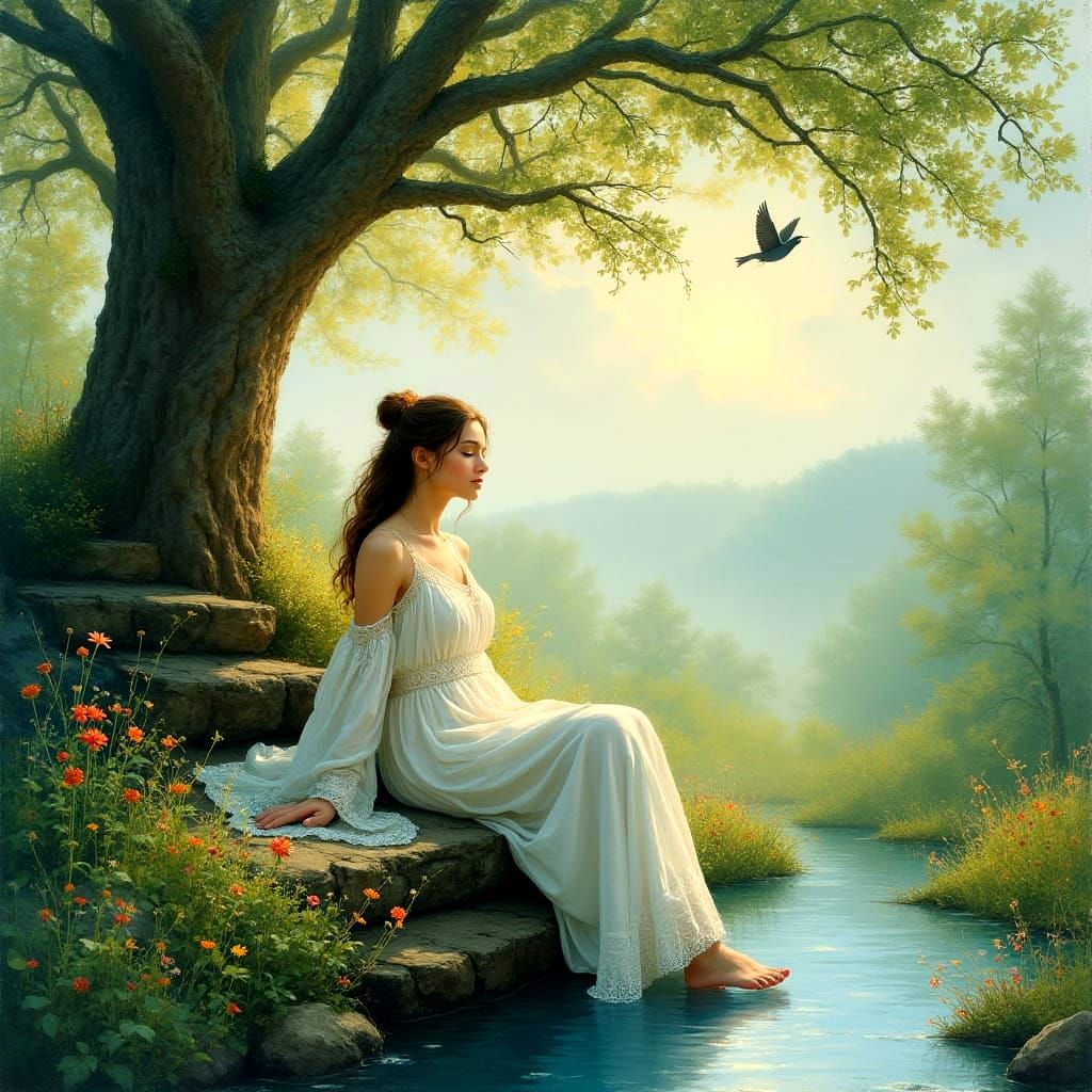 Breathtaking Girl Sits on Staircase to Heaven, Surrounded by...