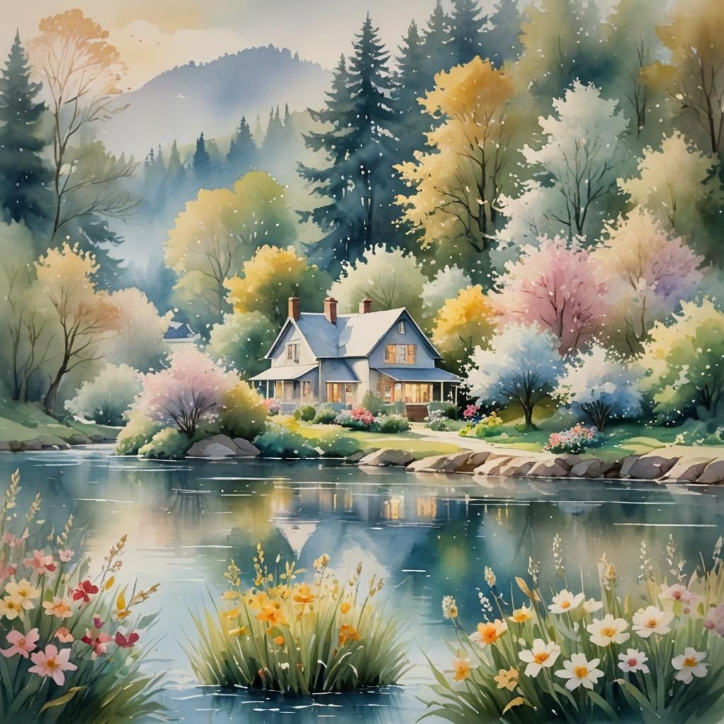 Watercolor Landscape: House in Spring Nature