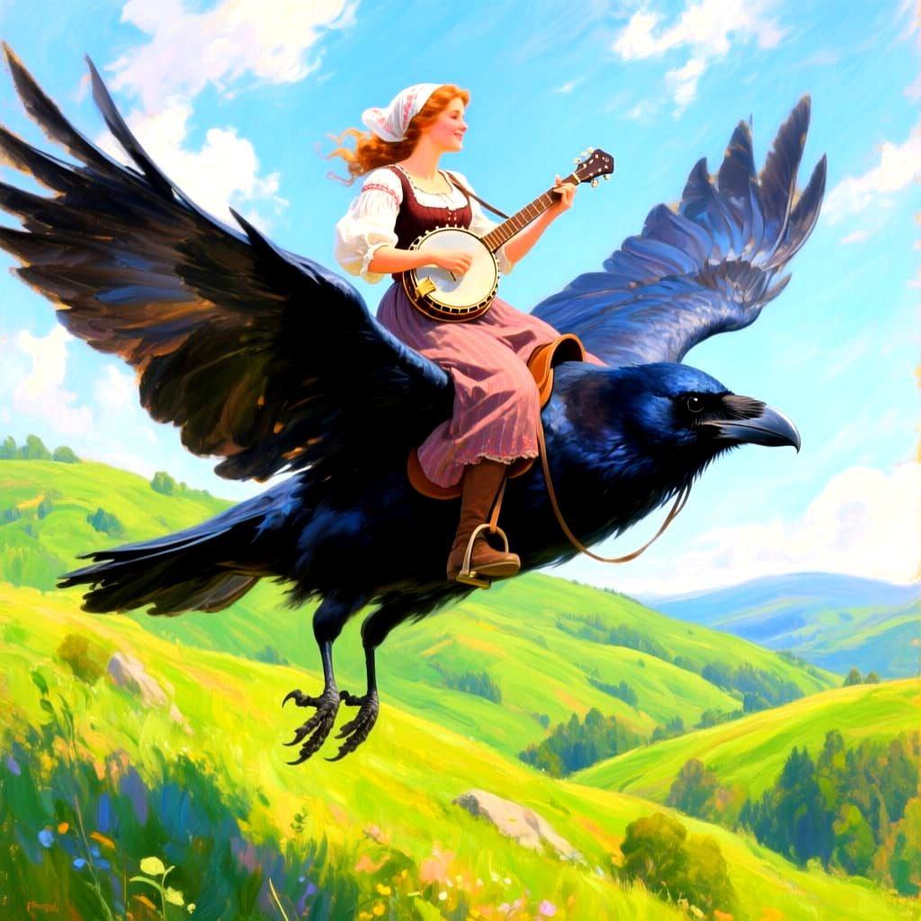Hillbilly Woman Plays Banjo on Giant Raven Over Rolling Hill...