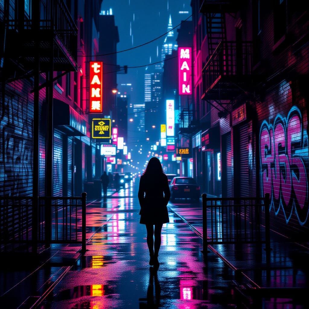 Woman on Fire Escape at Night in Neon City