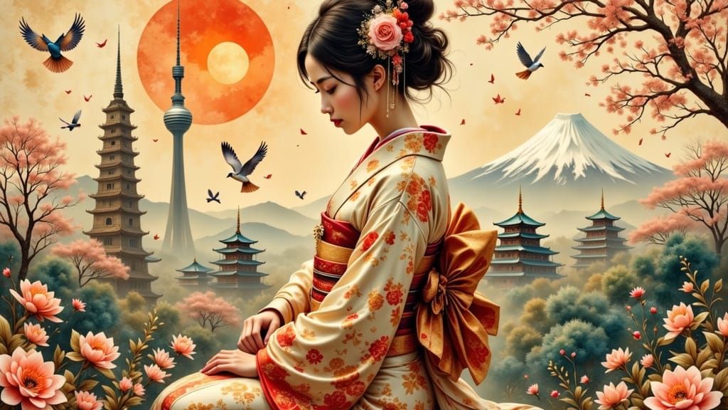 Ethereal Japanese Woman in Traditional Kimono