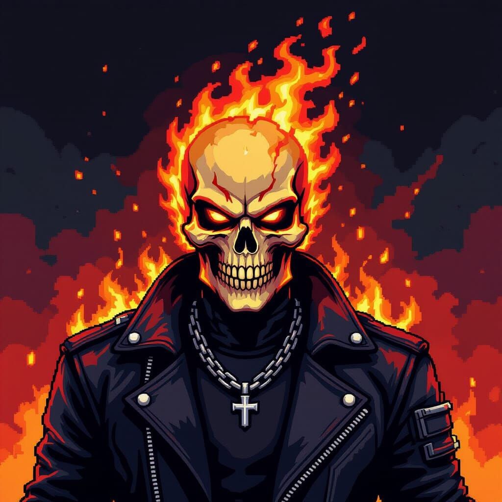 Ghost Rider Pixel Art with Flaming Skull