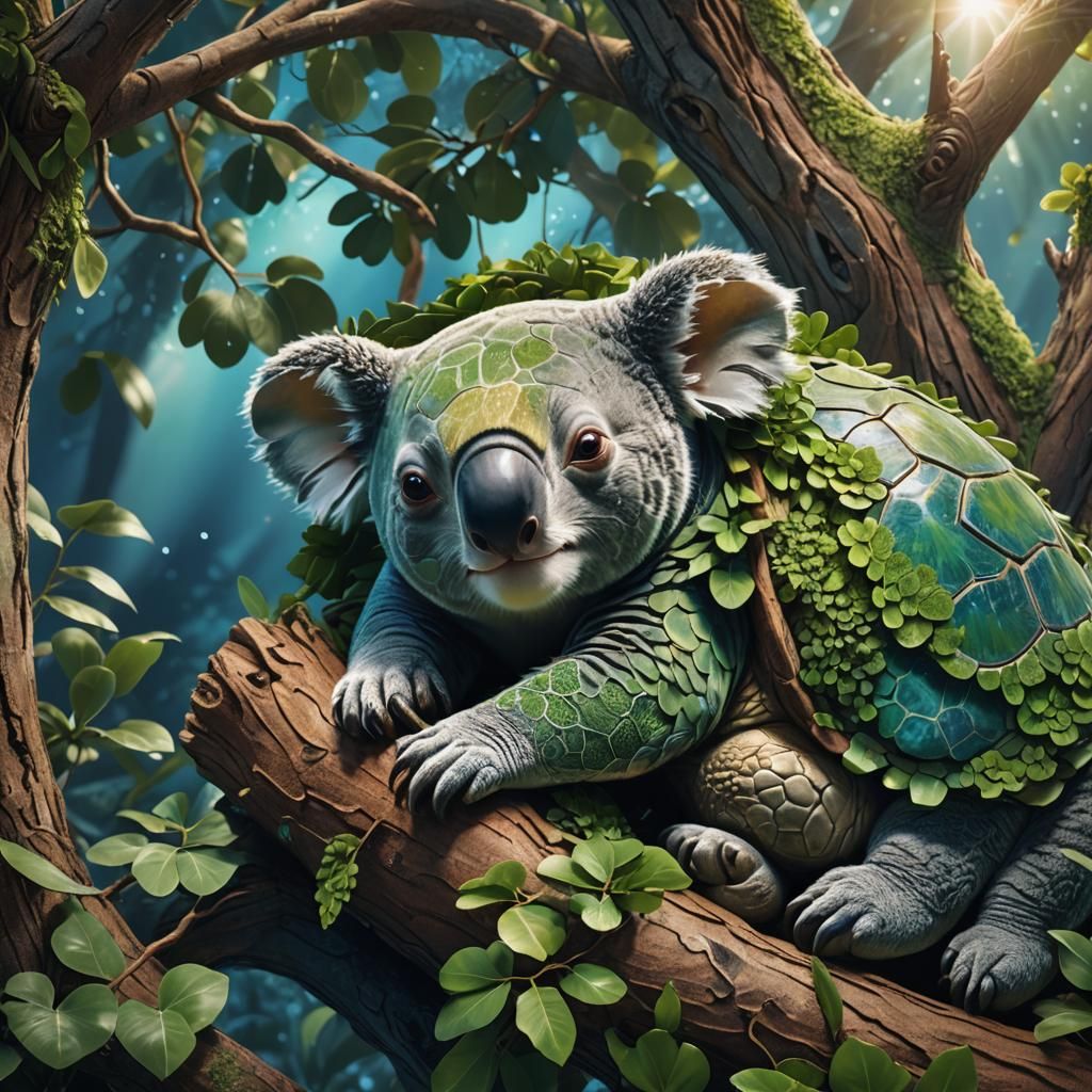 Koala Turtle Hybrid Asleep in Tree: Fantasy Concept Art