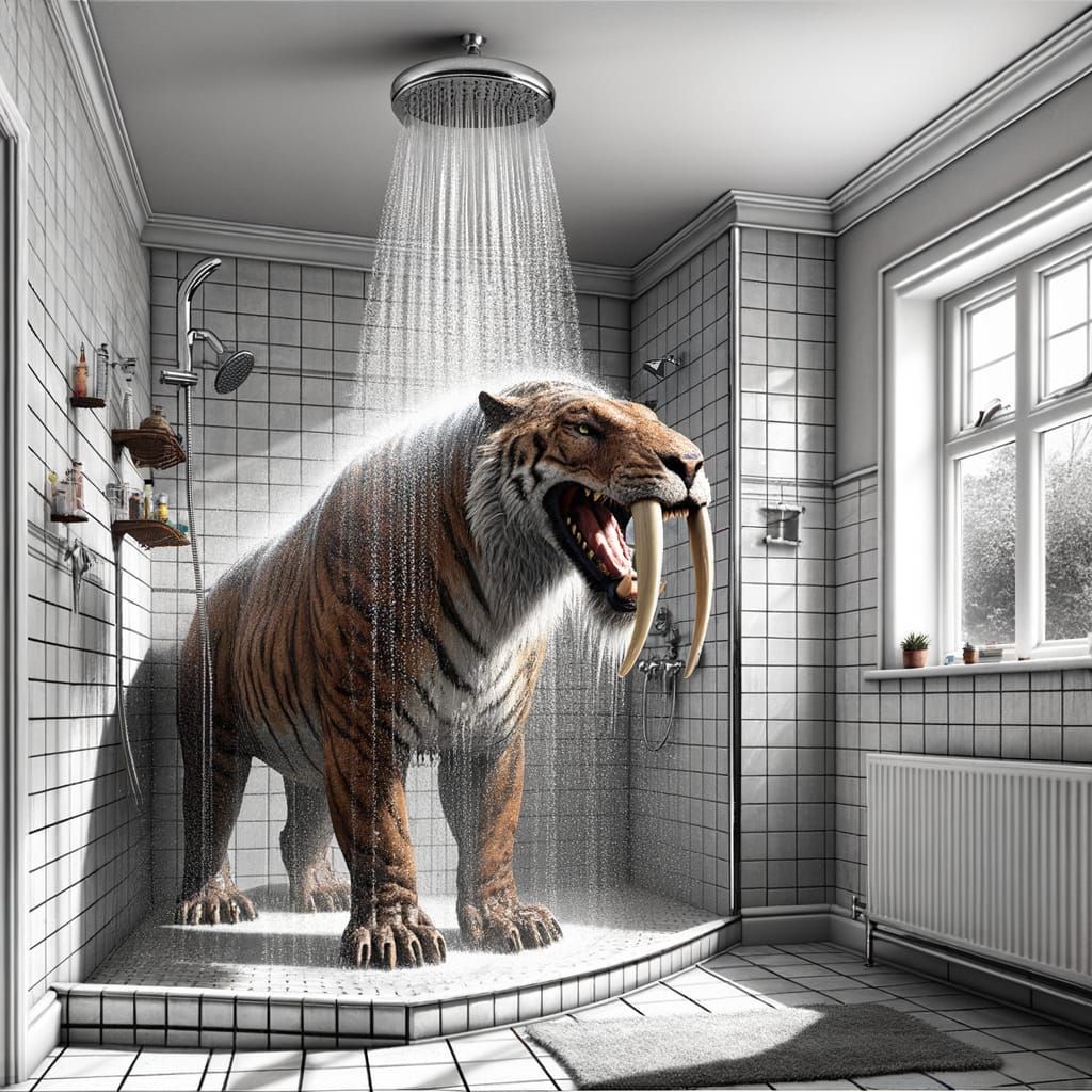 Surreal Smilodon in English Shower