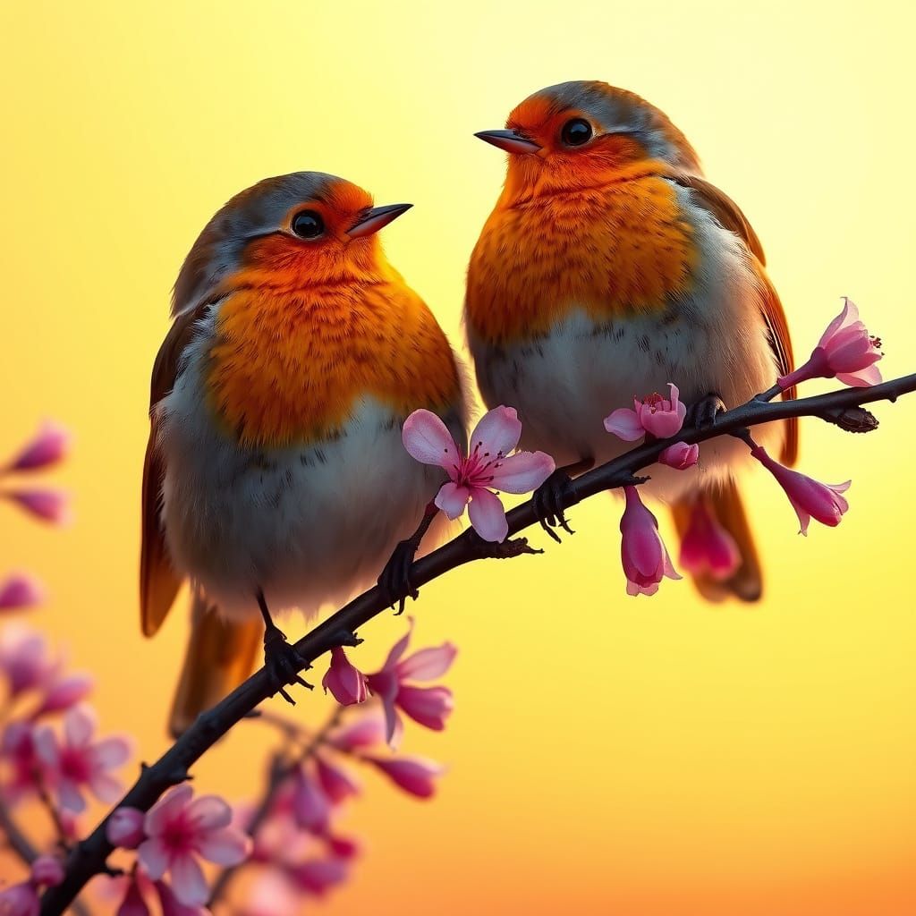 Whimsical Robins on Almond Blossoms at Sunset