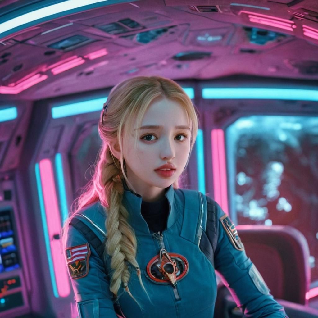 Spaceship Captain in Neon-Lit Interior