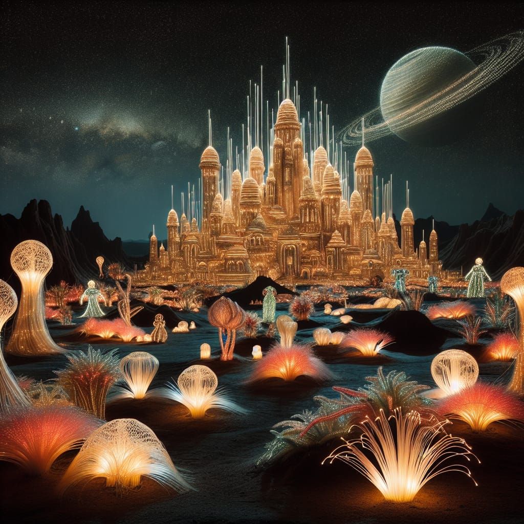 Golden Fiber Optic City in Desert Landscape