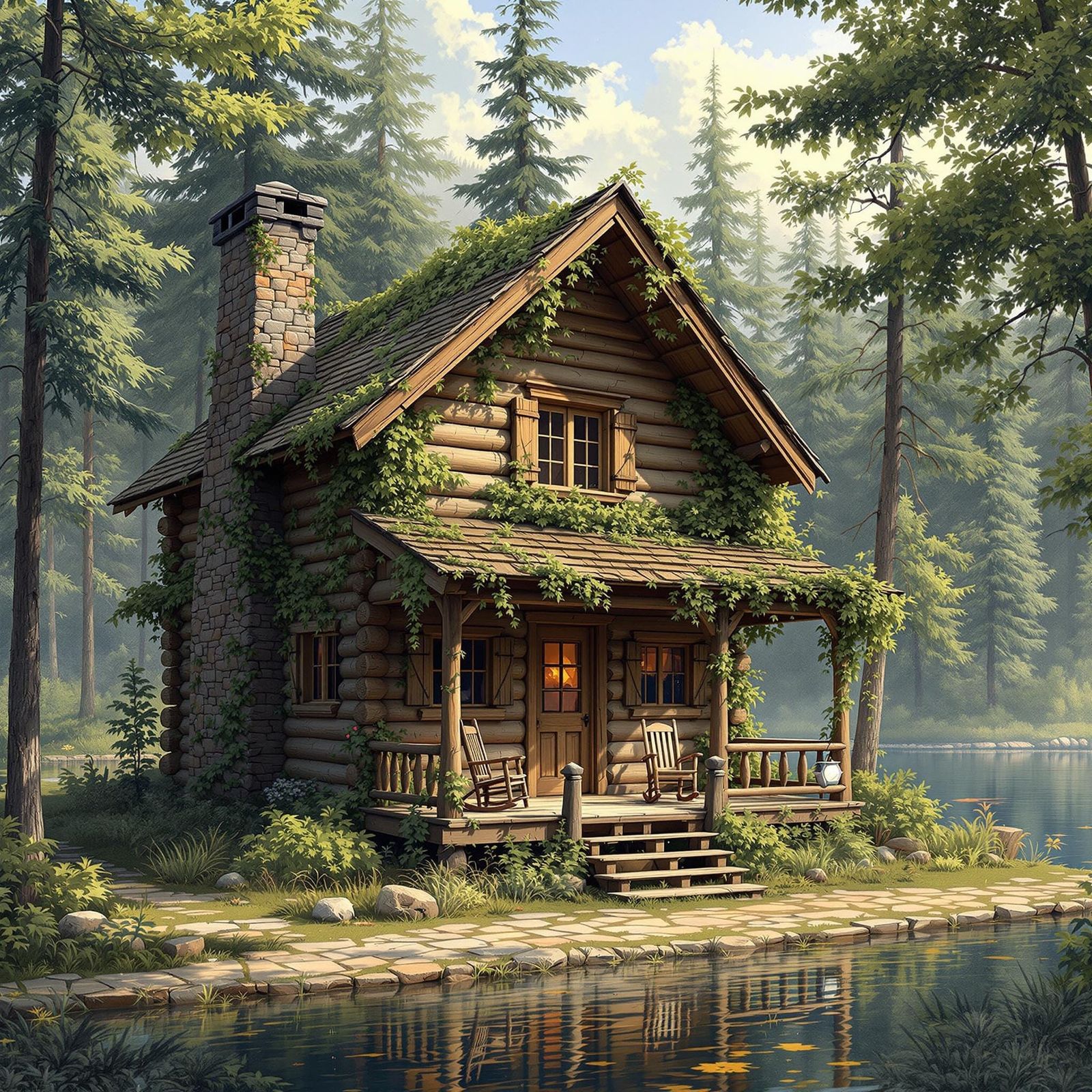 Rustic Lakeside Cabin with Rocking Chairs, Pastoral Style