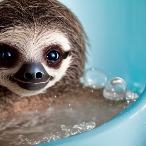 Super cute baby sloth is taking a bath in a bathtub.