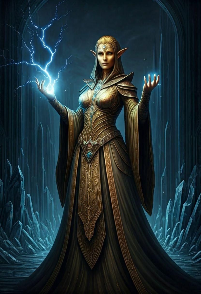 Regal Altmer Elf Sorceress Conjuring Lightning