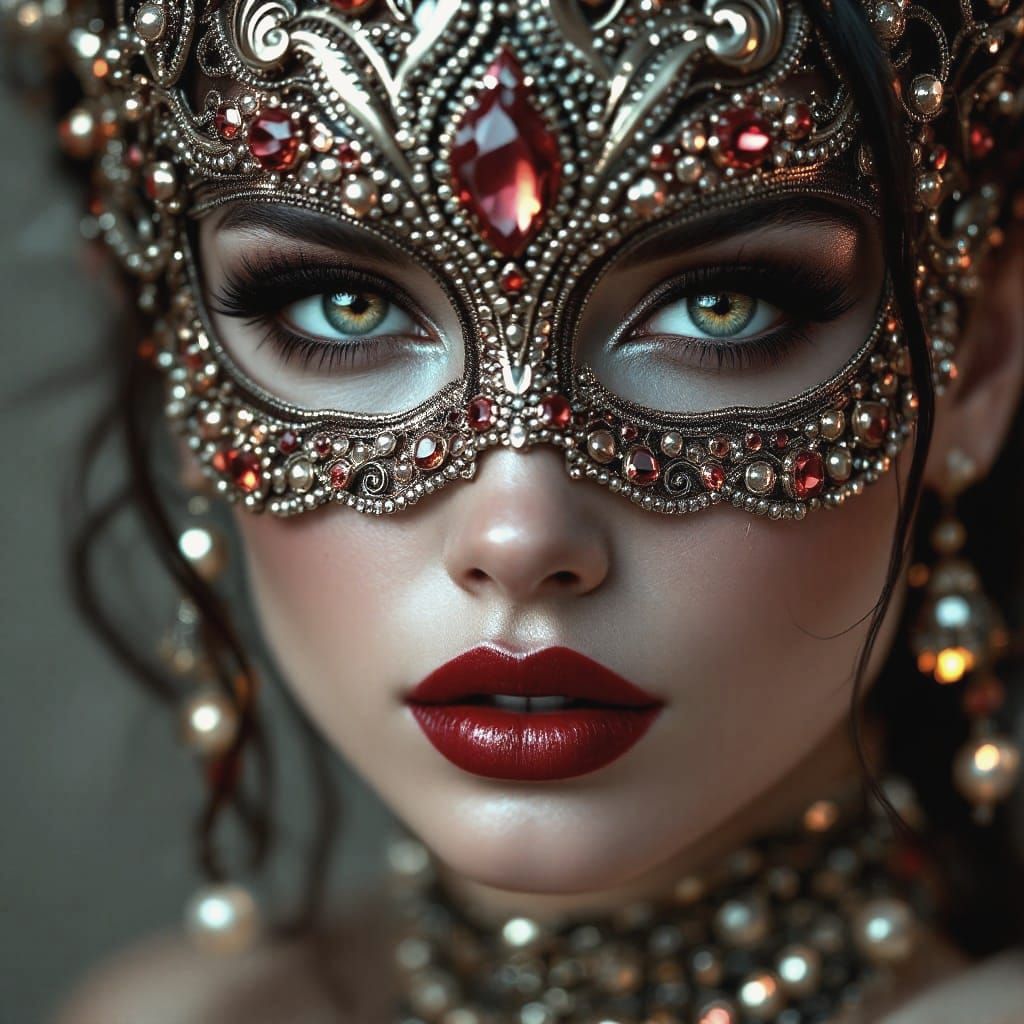 Elegant Woman in Ornate Jewellery and Mask in Cinematic Styl...