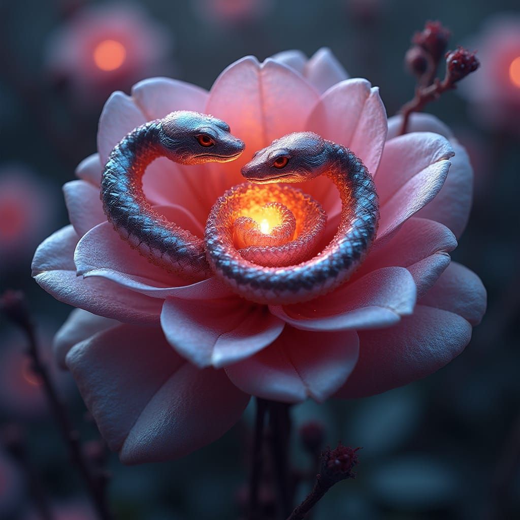 Surreal Metallic Rose Blooms with Radiant Snake Eyes
