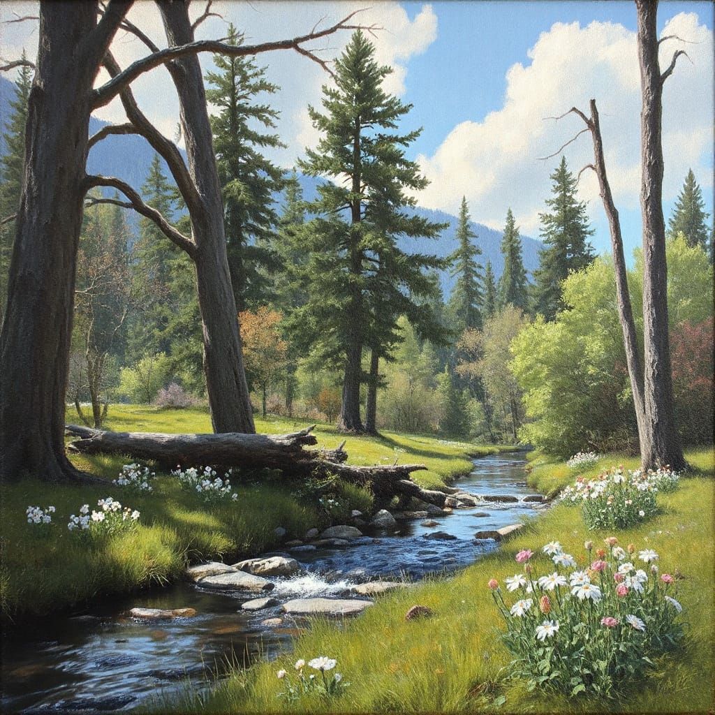Whimsical Stream in Woods, Oil Painting