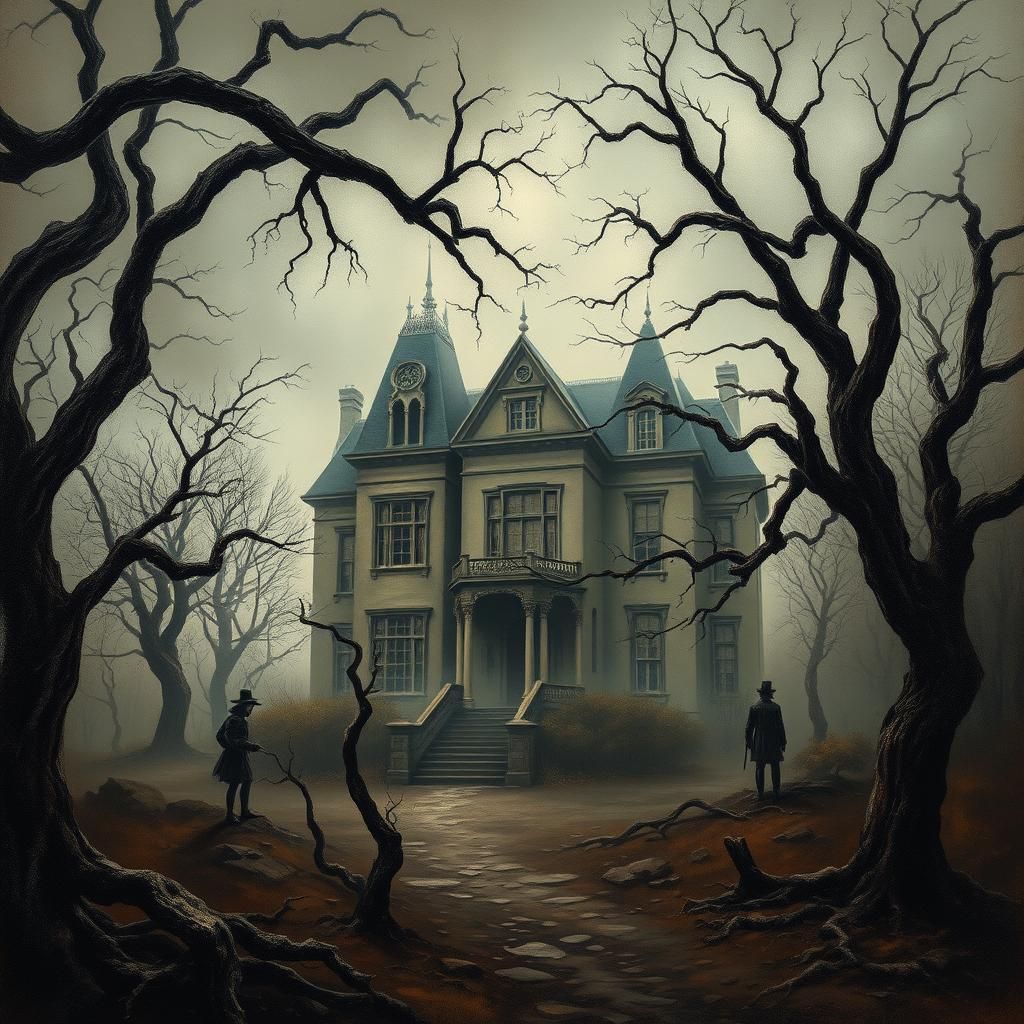 Haunted Mansion in Dark Forest, Oil Painting Style