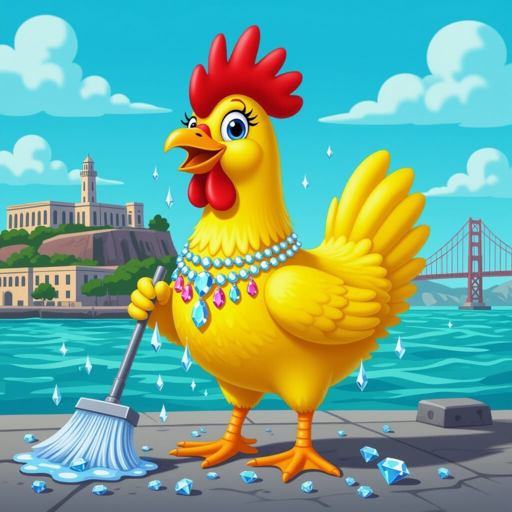 Extravagant Gem-Dripping Rubber Chicken in Alcatraz, Cartoon...