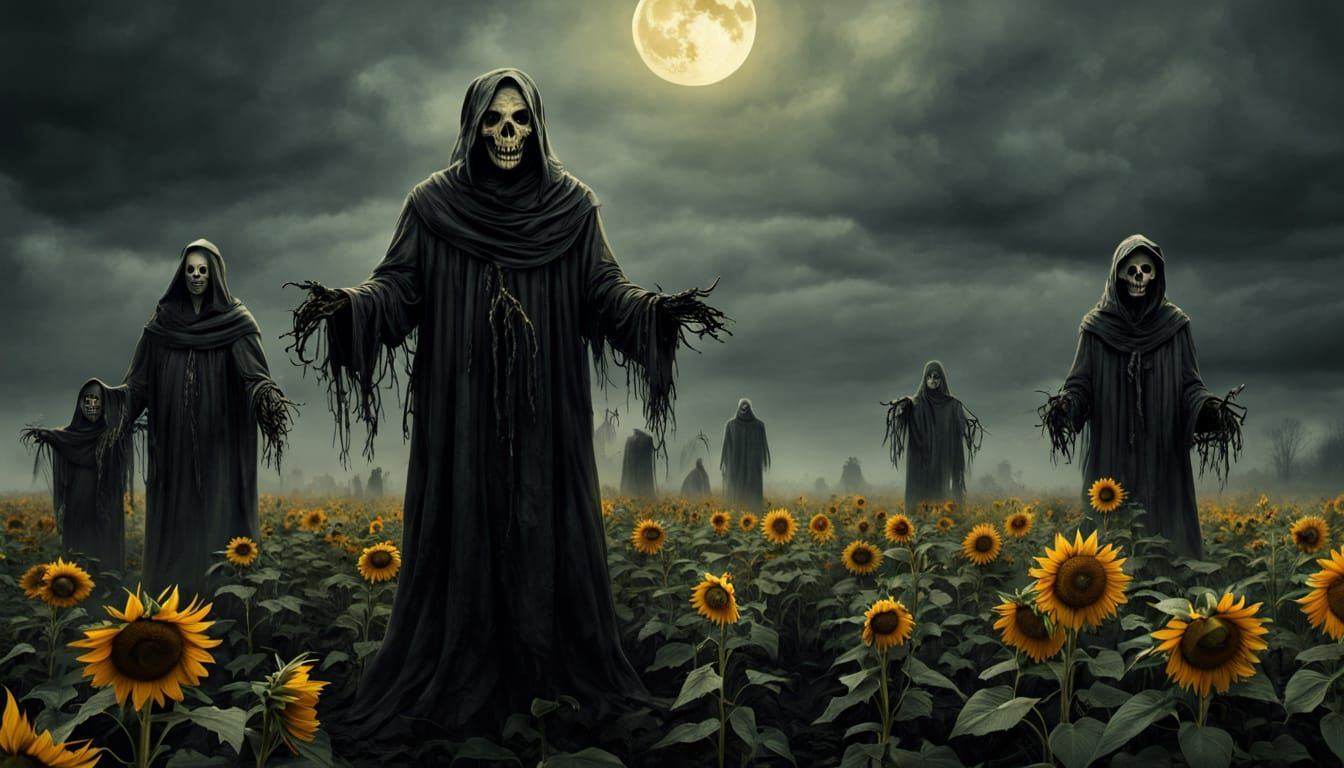 Dark Fantasy Scarecrows in Dying Sunflower Field